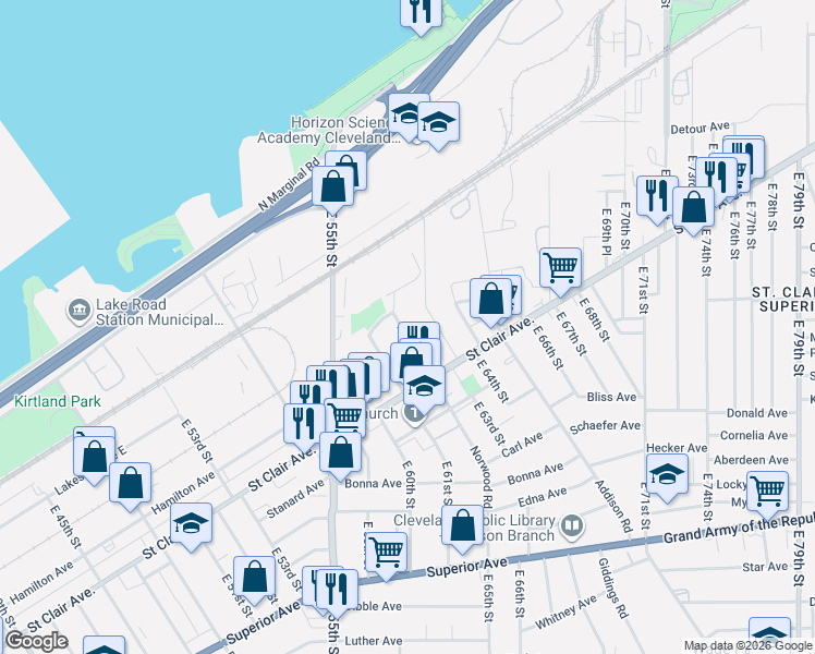 map of restaurants, bars, coffee shops, grocery stores, and more near 1015 East 62nd Street in Cleveland