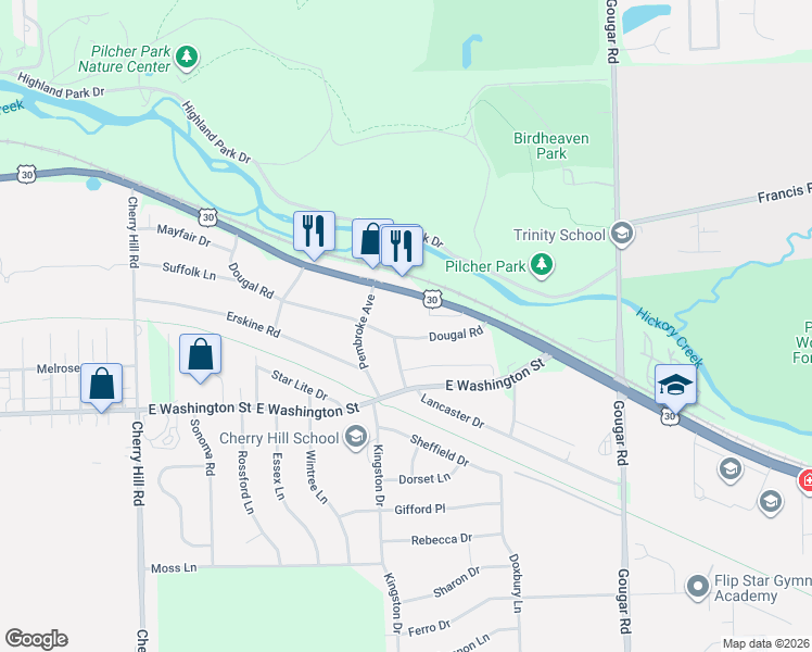 map of restaurants, bars, coffee shops, grocery stores, and more near 350 Pembroke Avenue in Joliet