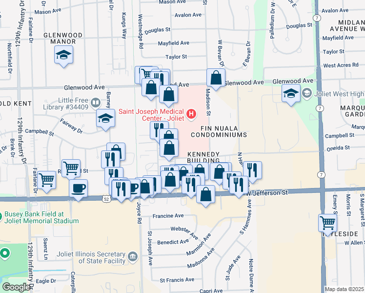 map of restaurants, bars, coffee shops, grocery stores, and more near 210 Springfield Avenue in Joliet