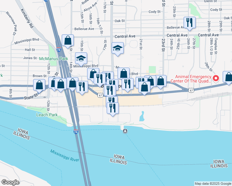 map of restaurants, bars, coffee shops, grocery stores, and more near in Bettendorf