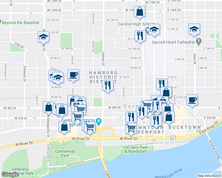 map of restaurants, bars, coffee shops, grocery stores, and more near 612 West 6th Street in Davenport