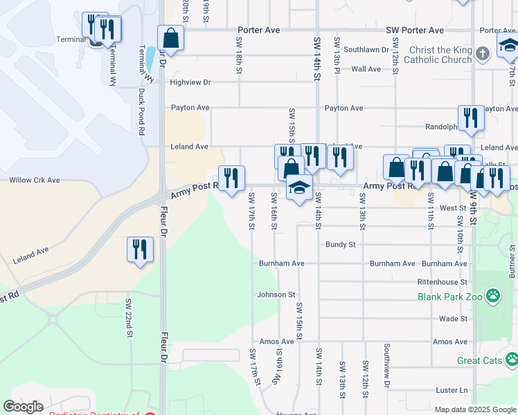 map of restaurants, bars, coffee shops, grocery stores, and more near 6407 Southwest 17th Street in Des Moines