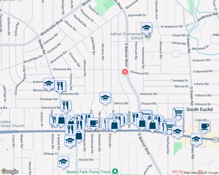 map of restaurants, bars, coffee shops, grocery stores, and more near 1268 Avondale Road in South Euclid