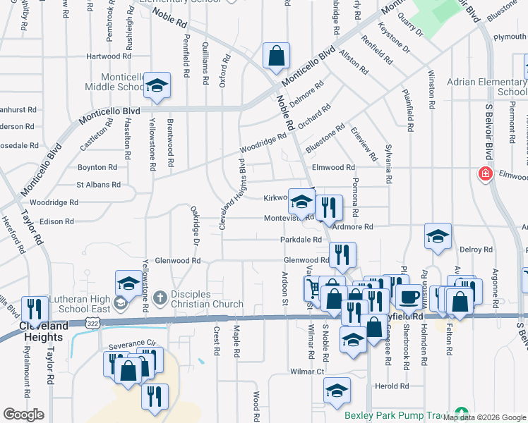 map of restaurants, bars, coffee shops, grocery stores, and more near 3820 Kirkwood Road in Cleveland Heights
