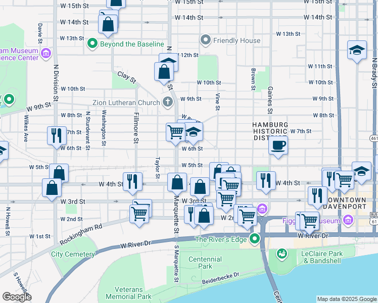 map of restaurants, bars, coffee shops, grocery stores, and more near 1117 West 6th Street in Davenport