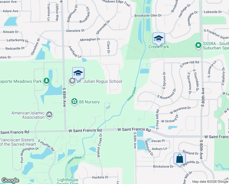 map of restaurants, bars, coffee shops, grocery stores, and more near 20041 Silverside Drive in Tinley Park