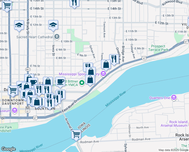 map of restaurants, bars, coffee shops, grocery stores, and more near 814 Charlotte Street in Davenport