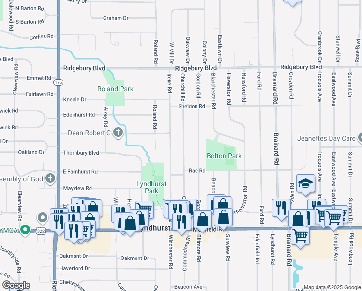 map of restaurants, bars, coffee shops, grocery stores, and more near 1268 Churchill Road in Lyndhurst