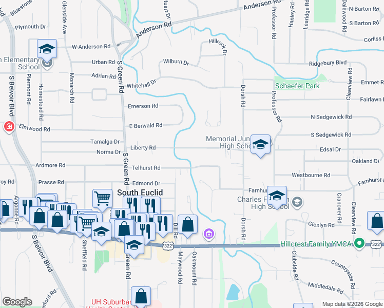 map of restaurants, bars, coffee shops, grocery stores, and more near 4597 Liberty Road in South Euclid