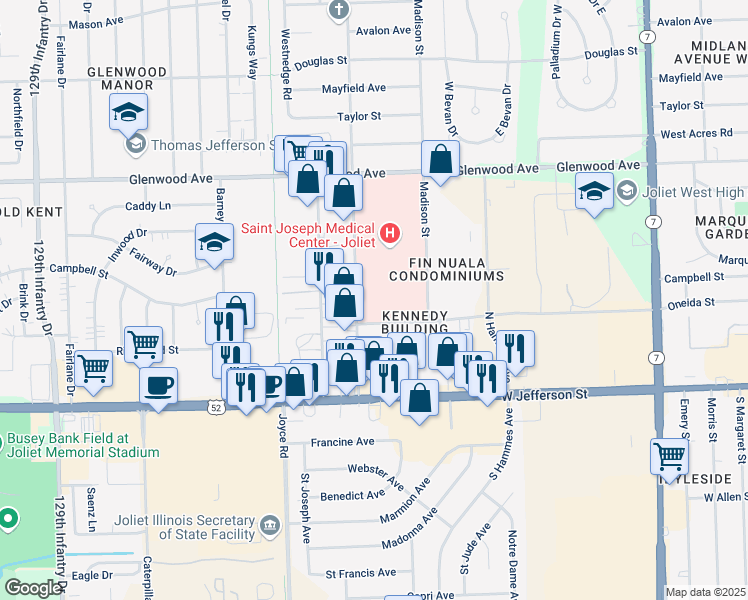 map of restaurants, bars, coffee shops, grocery stores, and more near 210 Springfield Avenue in Joliet
