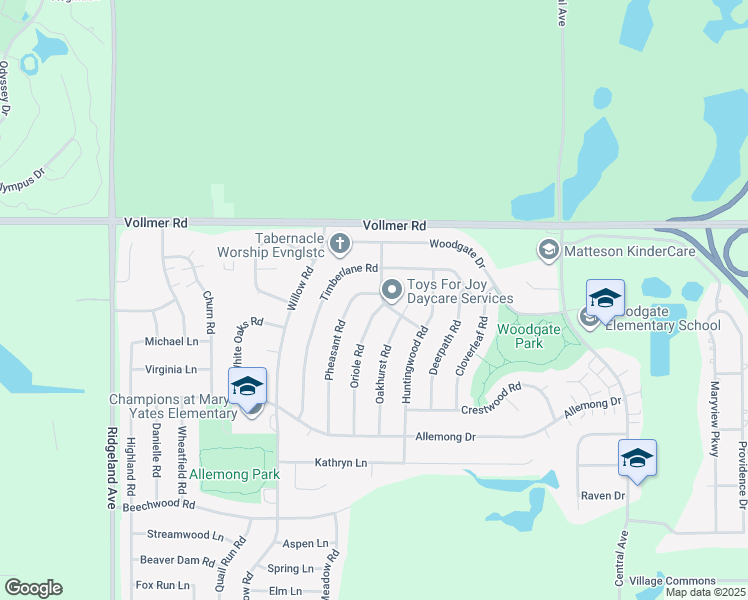 map of restaurants, bars, coffee shops, grocery stores, and more near 25 Pheasant Road in Matteson