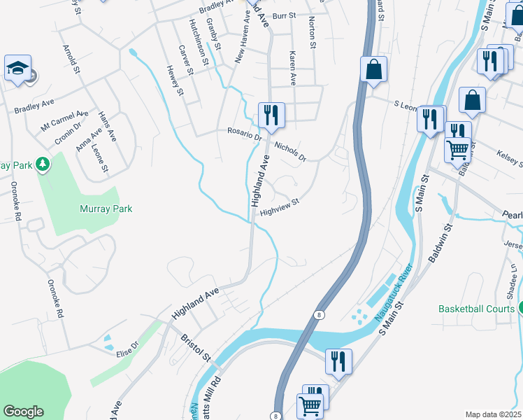 map of restaurants, bars, coffee shops, grocery stores, and more near 148 Highview Street in Waterbury