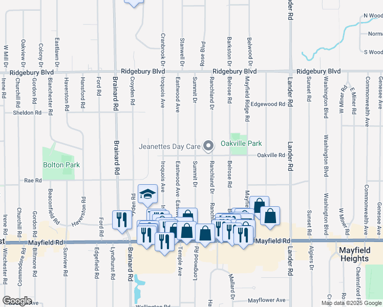 map of restaurants, bars, coffee shops, grocery stores, and more near 1282 Summit Drive in Mayfield Heights