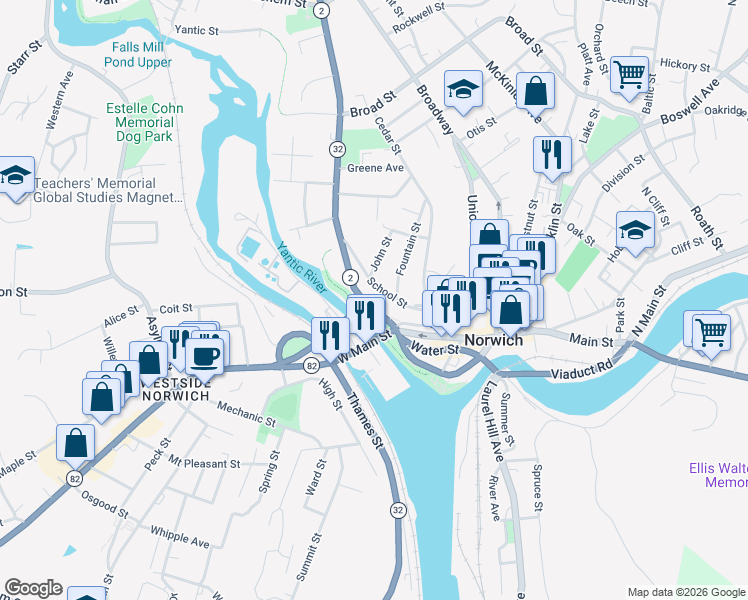map of restaurants, bars, coffee shops, grocery stores, and more near 35 Washington Street in Norwich