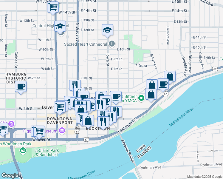 map of restaurants, bars, coffee shops, grocery stores, and more near 409 East 6th Street in Davenport
