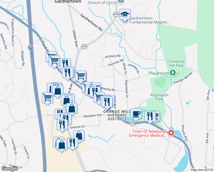 map of restaurants, bars, coffee shops, grocery stores, and more near 31 Innis Avenue in Newburgh
