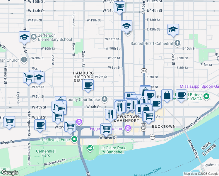 map of restaurants, bars, coffee shops, grocery stores, and more near 413 West 6th Street in Davenport
