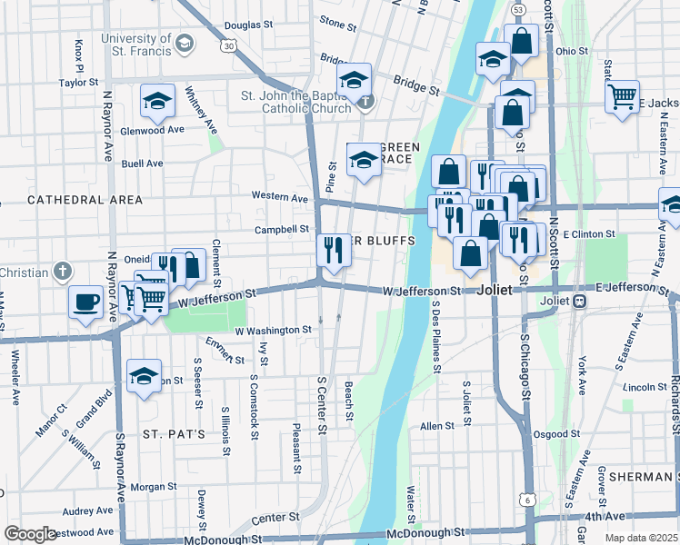 map of restaurants, bars, coffee shops, grocery stores, and more near 109 North Hickory Street in Joliet