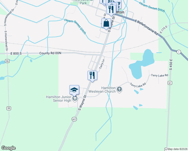 map of restaurants, bars, coffee shops, grocery stores, and more near 801 South Wayne Street in Butler