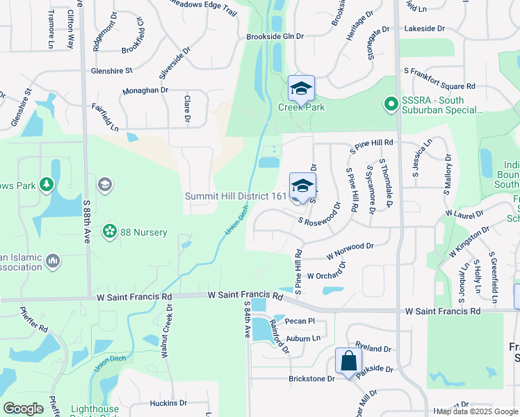 map of restaurants, bars, coffee shops, grocery stores, and more near 20158 South Rosewood Drive in Frankfort