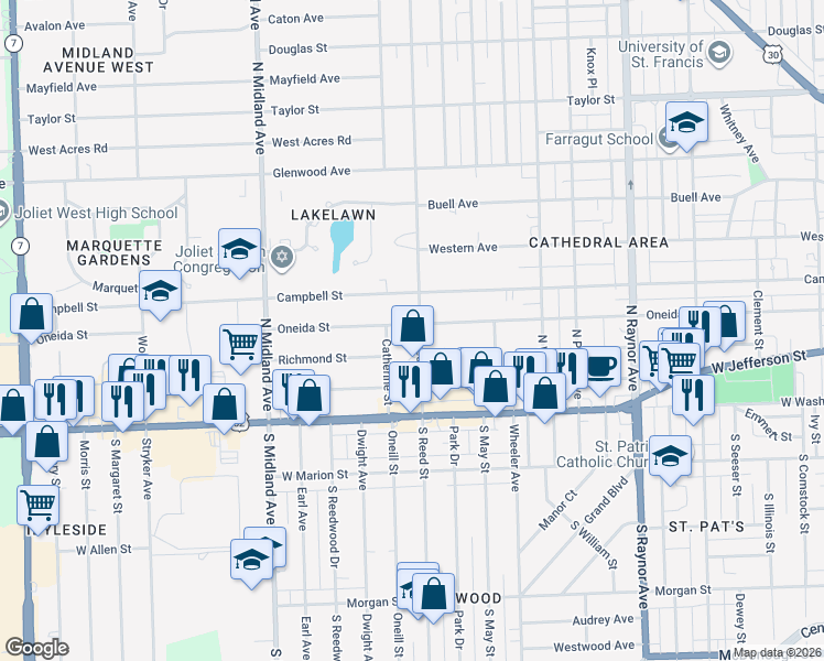 map of restaurants, bars, coffee shops, grocery stores, and more near 1155 Oneida Street in Joliet