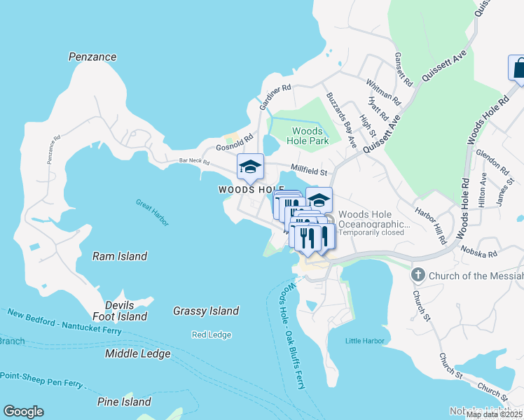 map of restaurants, bars, coffee shops, grocery stores, and more near 7 Mbl Street in Falmouth