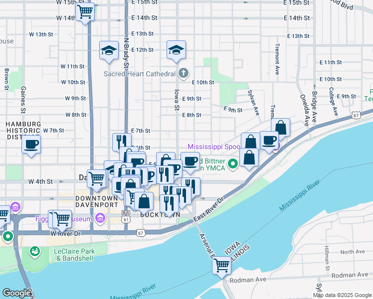 map of restaurants, bars, coffee shops, grocery stores, and more near 419 East 6th Street in Davenport