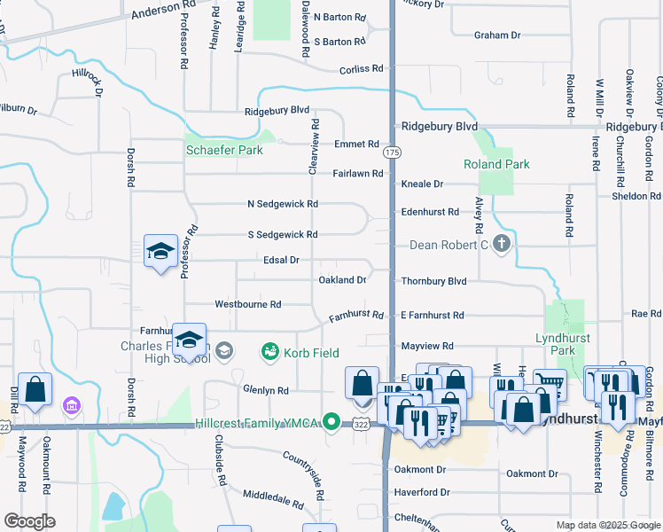 map of restaurants, bars, coffee shops, grocery stores, and more near 5003 Edsal Drive in Lyndhurst
