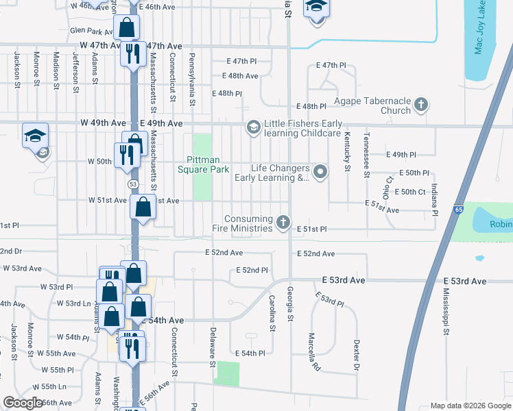 map of restaurants, bars, coffee shops, grocery stores, and more near 600 East 51st Avenue in Gary
