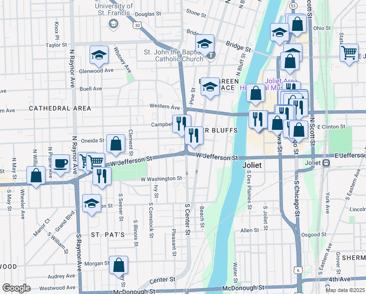 map of restaurants, bars, coffee shops, grocery stores, and more near 406 Oneida Street in Joliet