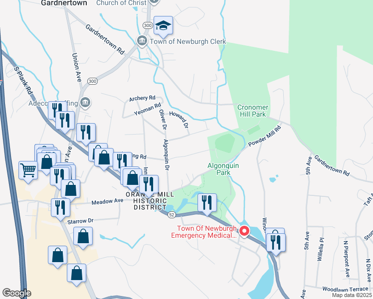map of restaurants, bars, coffee shops, grocery stores, and more near 33 Waring Road in Newburgh