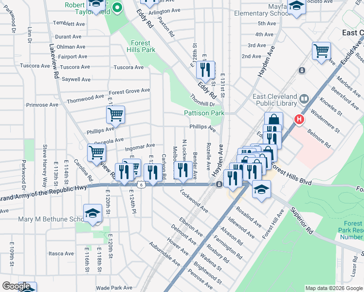 map of restaurants, bars, coffee shops, grocery stores, and more near 1194 North Lockwood Avenue in East Cleveland