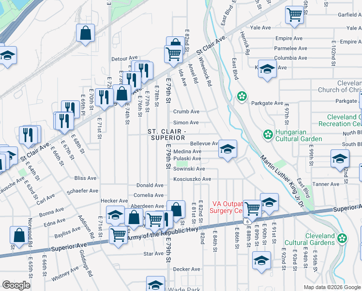map of restaurants, bars, coffee shops, grocery stores, and more near in Cleveland