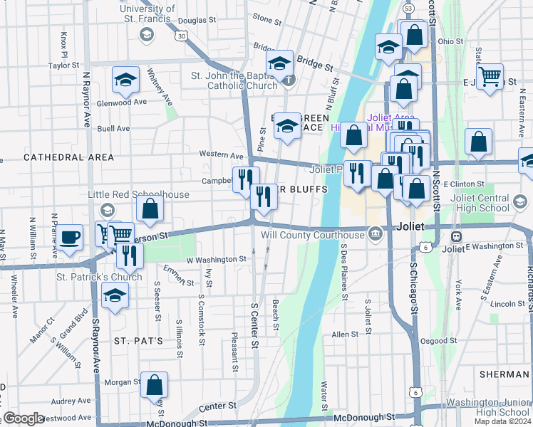 map of restaurants, bars, coffee shops, grocery stores, and more near 116 North Center Street in Joliet