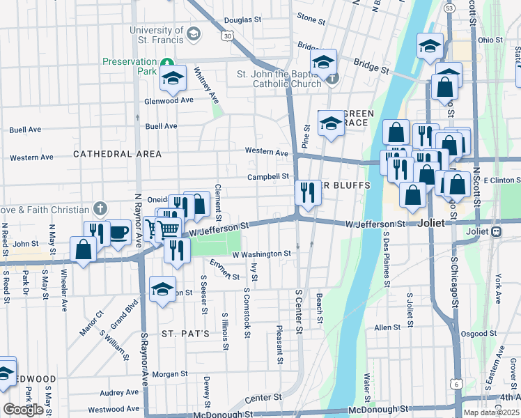 map of restaurants, bars, coffee shops, grocery stores, and more near 428 Oneida Street in Joliet