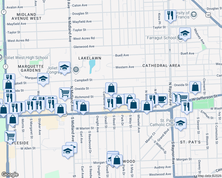 map of restaurants, bars, coffee shops, grocery stores, and more near 1155 Oneida Street in Joliet