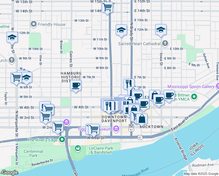 map of restaurants, bars, coffee shops, grocery stores, and more near 604 North Harrison Street in Davenport
