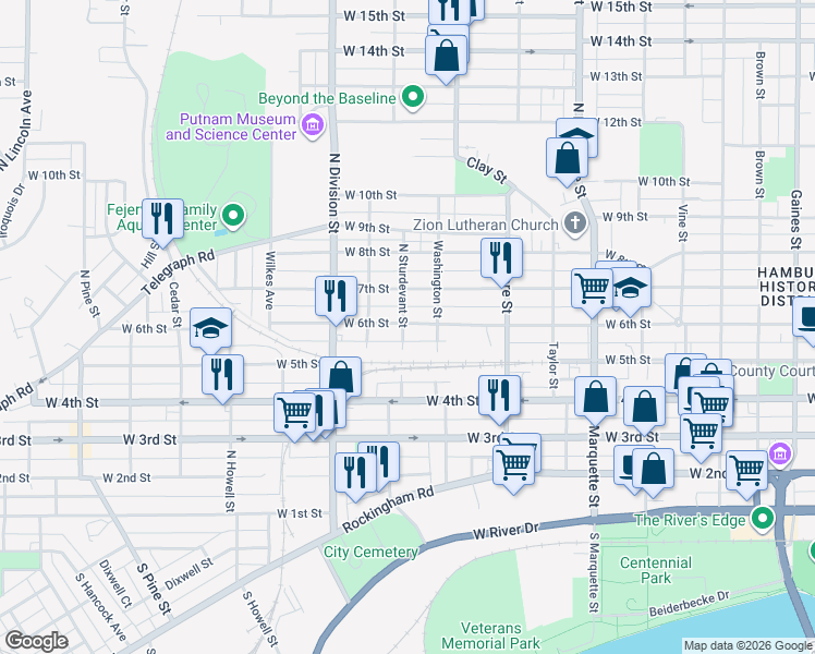 map of restaurants, bars, coffee shops, grocery stores, and more near in Davenport