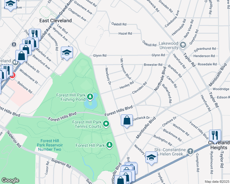 map of restaurants, bars, coffee shops, grocery stores, and more near 15585 Henley Road in East Cleveland