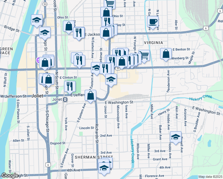 map of restaurants, bars, coffee shops, grocery stores, and more near 110 Collins Street in Joliet
