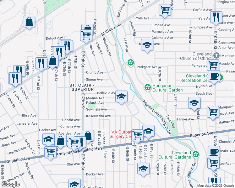 map of restaurants, bars, coffee shops, grocery stores, and more near 1041 Ansel Road in Cleveland