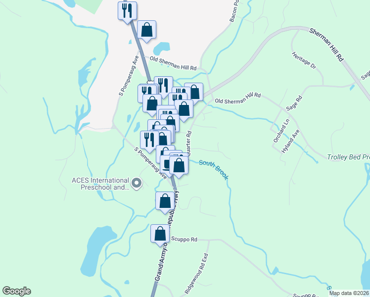 map of restaurants, bars, coffee shops, grocery stores, and more near 27 Middle Quarter Road in Woodbury