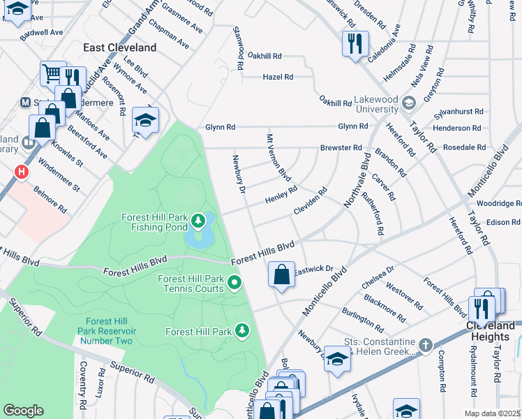 map of restaurants, bars, coffee shops, grocery stores, and more near 15726 Henley Road in East Cleveland