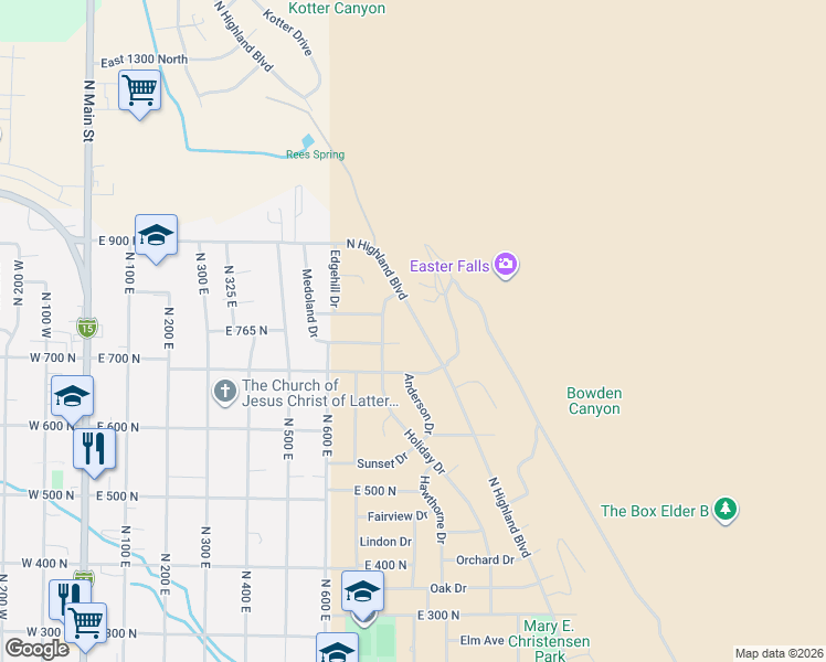 map of restaurants, bars, coffee shops, grocery stores, and more near 761 North Highland Boulevard in Brigham City