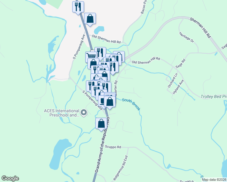 map of restaurants, bars, coffee shops, grocery stores, and more near 27 Middle Quarter Road in Woodbury