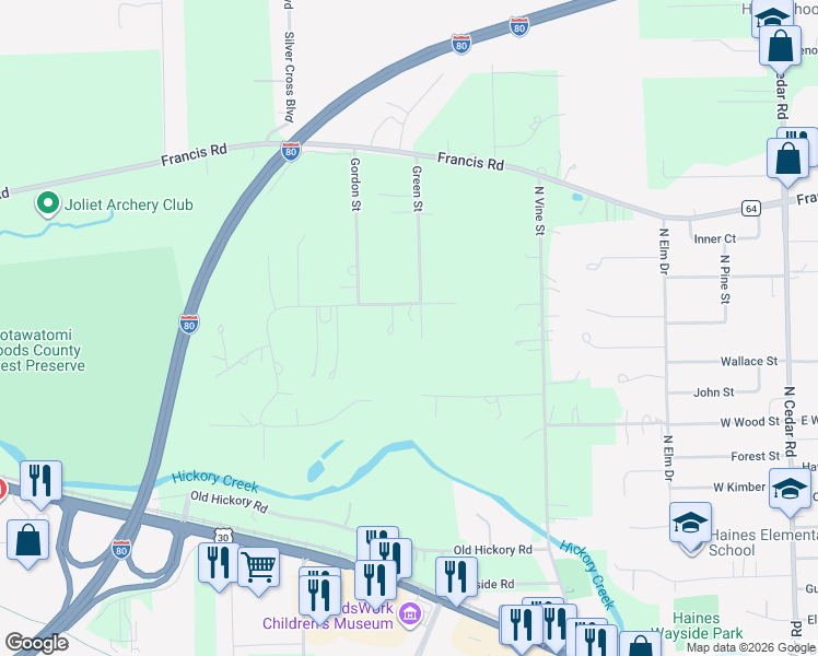 map of restaurants, bars, coffee shops, grocery stores, and more near 410 Sycamore Street in New Lenox