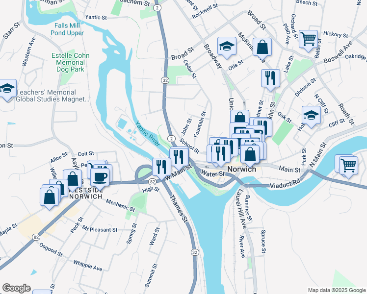 map of restaurants, bars, coffee shops, grocery stores, and more near 61 School Street in Norwich
