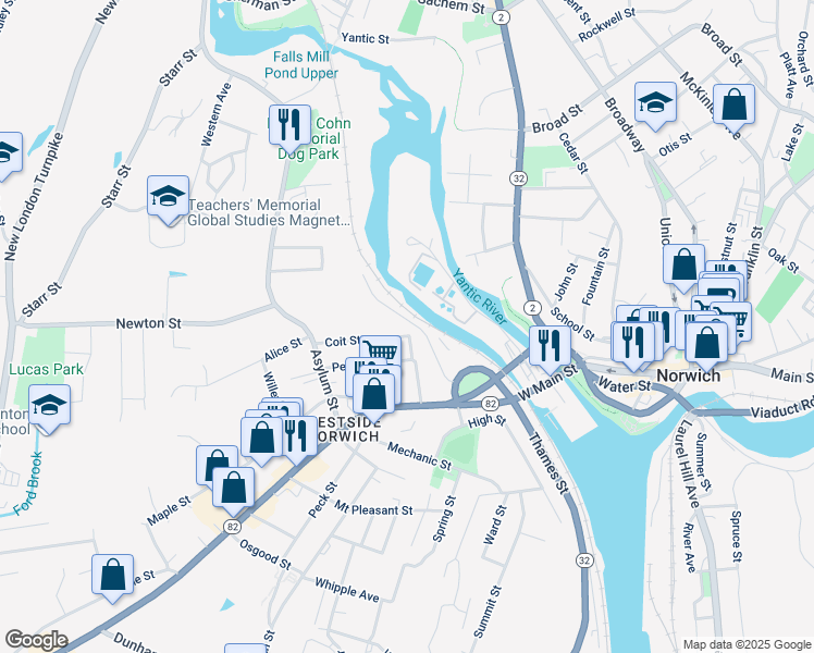 map of restaurants, bars, coffee shops, grocery stores, and more near 95 Forest Street in Norwich