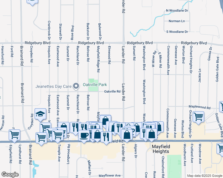 map of restaurants, bars, coffee shops, grocery stores, and more near 1265 Elmwood Road in Mayfield Heights