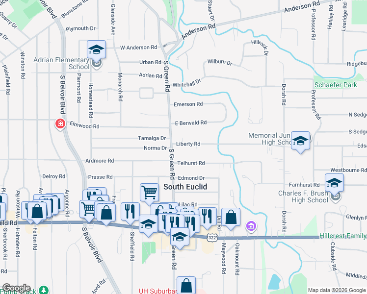 map of restaurants, bars, coffee shops, grocery stores, and more near 4477 Liberty Road in South Euclid